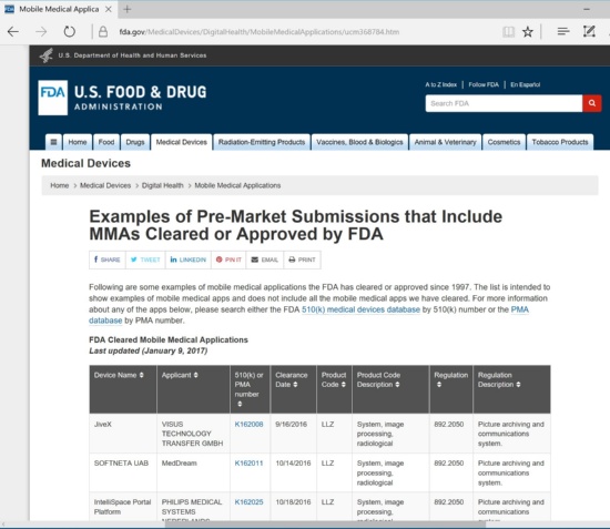 FDAが提供する認証済みアプリの情報ページ