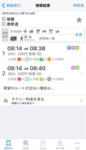 経路検索の結果画面に、所要時間や料金、乗換回数に加えて混雑のレベルを表示