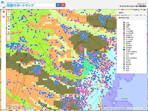 地耐力と微地形区分図を組み合わせて1枚のマップで表示