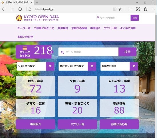 京都市が2016年11月に開設したオープンデータサイト