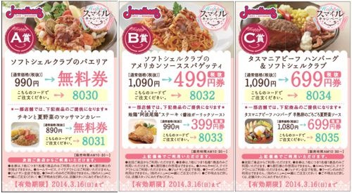 ジョナサンのサンクスくじ。A賞からH章の8種類のクーポンを用意