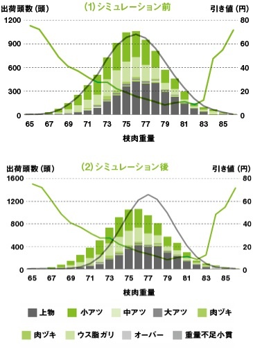 枝肉の重量別の頭数と引き値の関係