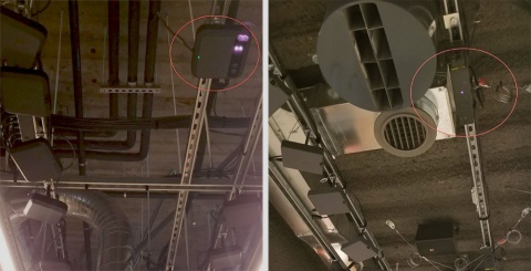 （左）サンフランシスコ店のカメラセンサー（赤丸が人用のカメラセンサーとみられる）。（右）シアトル1号店のカメラセンサー（赤丸が人用のカメラセンサーとみられるが、2018年4月時点のもの）