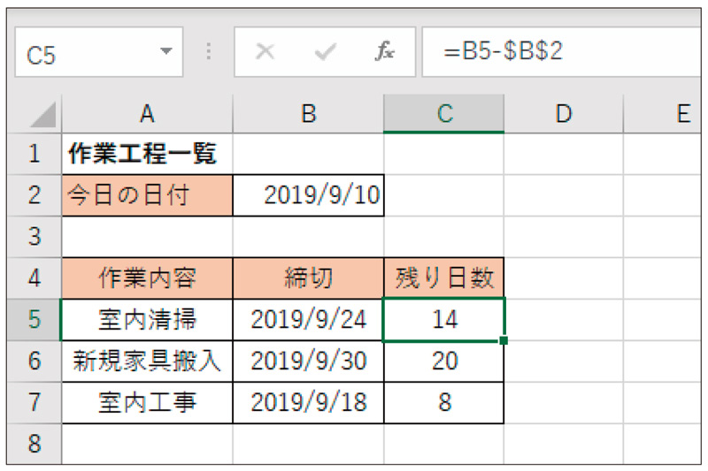 残り日数は、「締切」から「今日の日付」を引けば算出できる。シートを開くたびに今日の日付が変わるので、残り日数も瞬時に確認できる