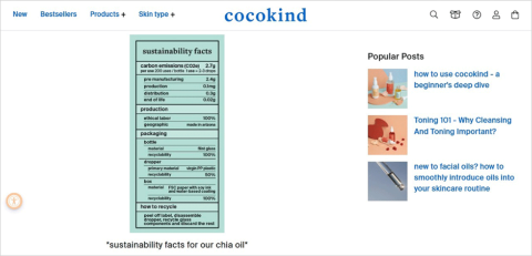 「ココカインド」のWebサイト。同社のシアオイル商品に貼られた炭素ラベルの例が示されている