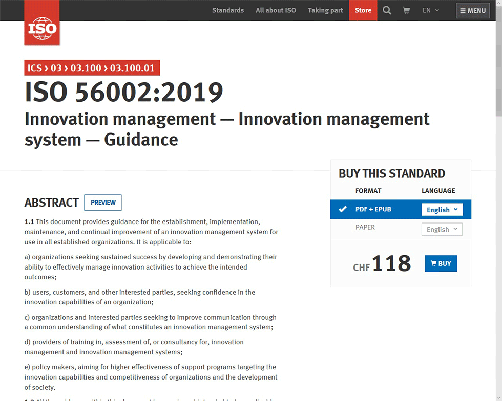 ISOのサイトから「ISO56002」の原文を購入できる
