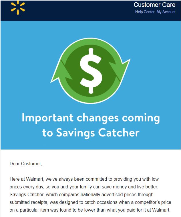 ウォルマートは3月中旬に顧客に対し、「Savings Catcher」を中止する旨を説明するメールを送った