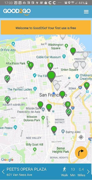 Good2Goのトイレ予約スマホアプリの画面。現在は米サンフランシスコ市内で提供している