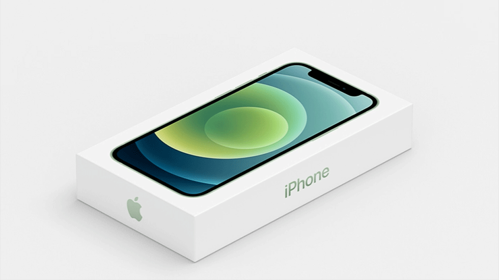 iPhone 12の商品パッケージ。電源アダプターとイヤホンの同こんをやめた結果、小型になった（出所／米アップルの発表会動画）