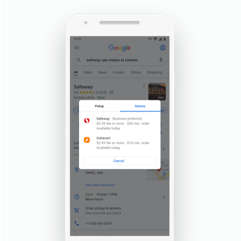 グーグルのウェブやマップの検索結果から、ピックアップやデリバリーの注文に直行できるようにする（出所／米グーグル）