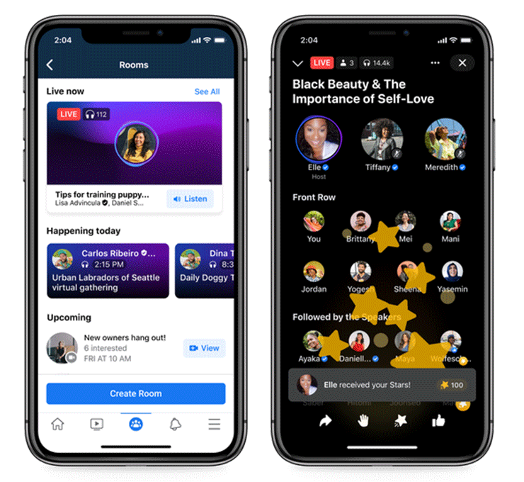 フェイスブックの音声SNS「Live Audio Rooms」の登録画面（左）と配信画面
