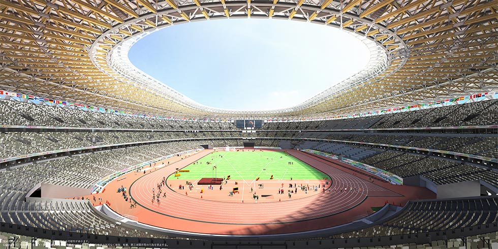 まもなく完成するオリンピックスタジアム（新国立競技場）の予想図。大成建設・梓設計・隈研吾建築都市設計事務所JV作成／JSC提供