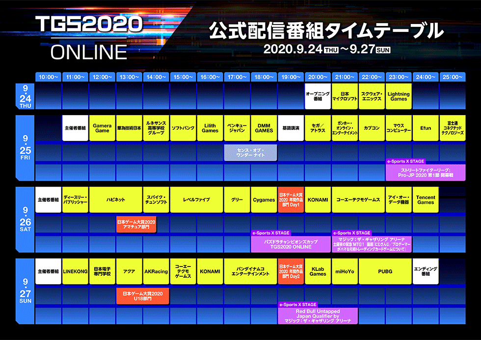 東京ゲームショウ 2020 オンライン 公式配信番組タイムテーブル（9月1日時点のもの）
