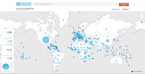 世界保健機関（WHO）の情報提供サイト「WHO COVID-19 Dashboard」。世界地図の下の棒グラフでは、日別感染報告数や累積の感染者数を切り替えて表示できる（画面は記事作成時のもの、以下同）
