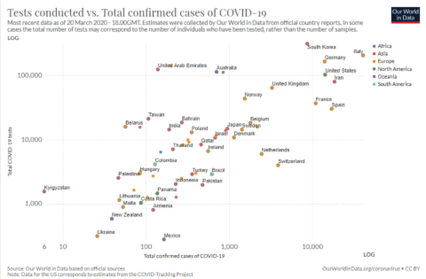 世界的な課題のグラフを多数掲載するサイト「Our World in Data」による検査数と累積感染者数の比較