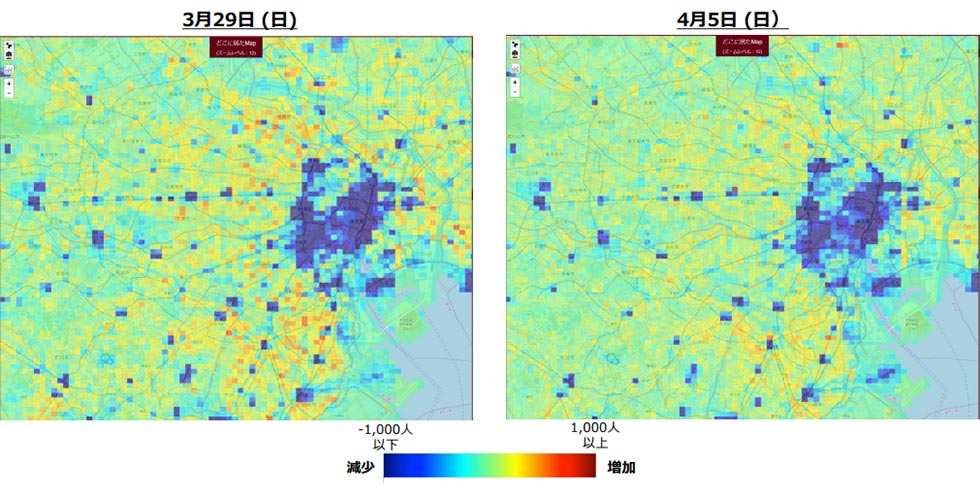 1カ月前と比べたときの週末の人口増減を地図上に色で表示した様子。山手線圏内は減少し、郊外で増加傾向にあることが分かる。画像はNTTドコモが公表した資料から抜粋した