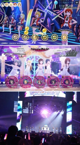 画像上がスマートフォン向けゲームアプリケーションの『アイドルマスター ミリオンライブ! シアターデイズ』、中が家庭用ゲームの新作『アイドルマスター スターリット シーズン』、そして下が19年にナゴヤドームで開催された『アイドルマスターシンデレラガールズ』のライブ。今後は1つのIPを同じチームが手掛けることになるという