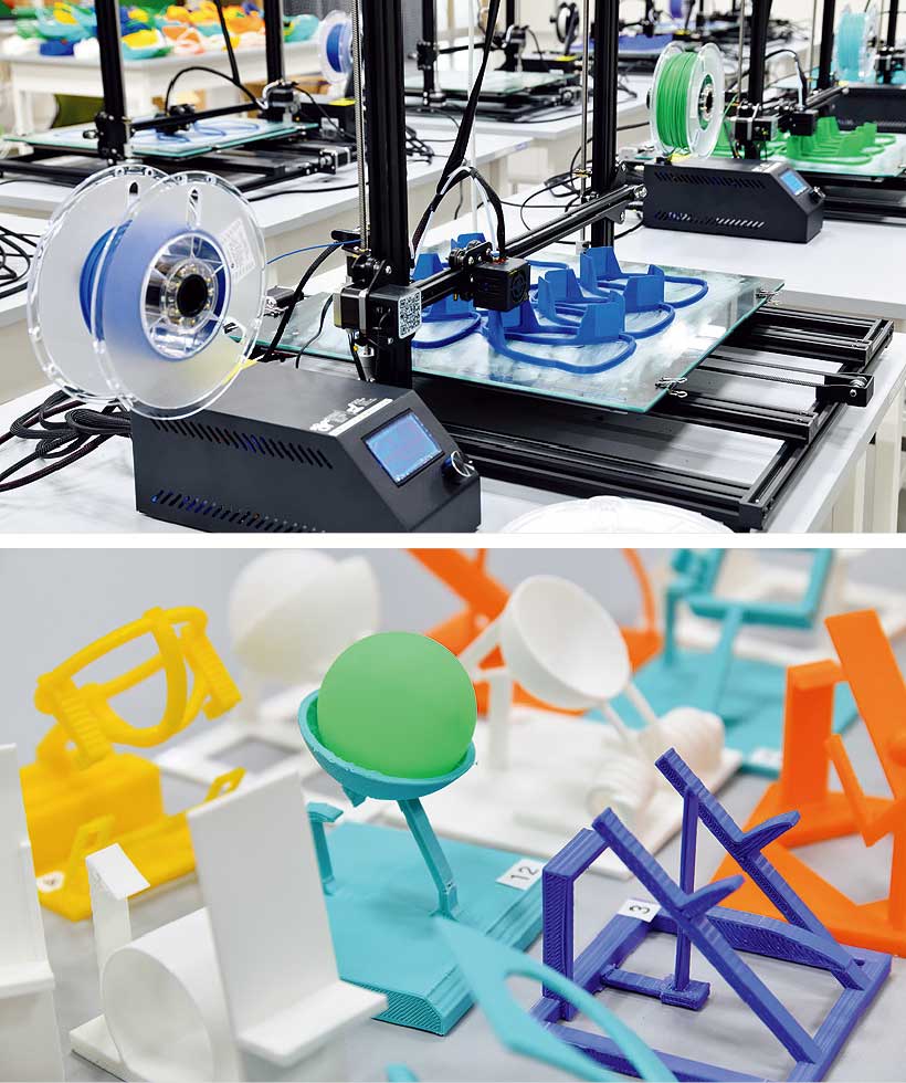 工学部の機械工房には最新の3Dプリンターなどを配備し、学生はいつでも利用できる。試作品の製作も思いのままだ。同大学は、新型コロナウイルスの感染拡大を受け、不足している簡易型医療用フェースシールドの製造にも協力