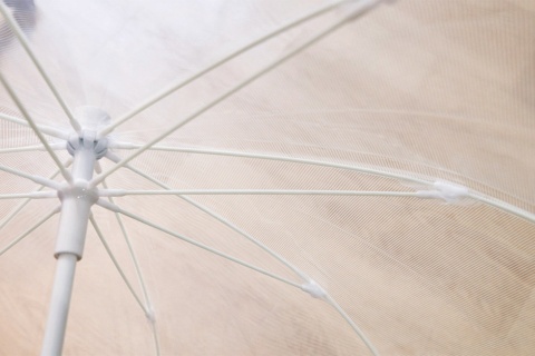傘を開いた状態。一般の傘にある「ハジキ」と呼ばれる三角形のストッパーがない。プラスチック製の骨のテンションだけで開いた状態と強度を維持（写真／名児耶 洋）