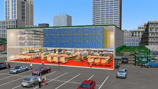 アラートイノベーションが提唱する次世代店舗とその内部。2階が倉庫で店舗の右側にピックアップゾーンがある(出所/アラートイノベーション)