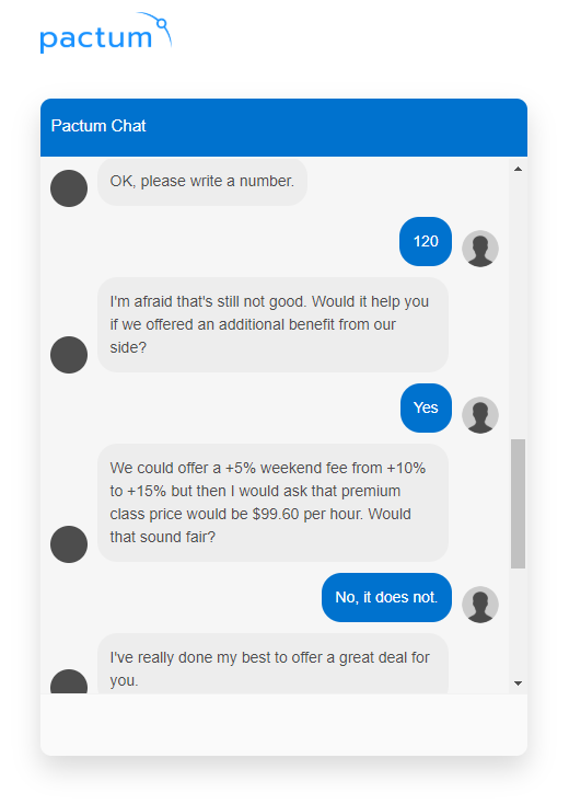 パックタムのAIが顧客と交渉しているところ。左側がAIによる発言部分（出所／パックタムのサイト）