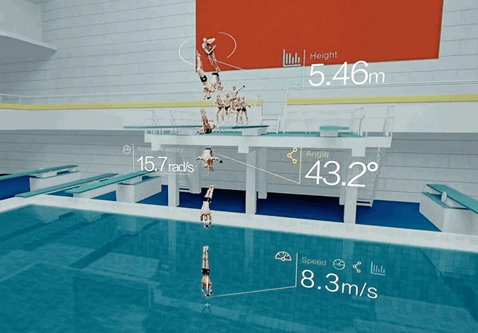 百度智能雲（バイドゥスマートクラウド）による「『3D＋AI（人工知能）』板飛び込みトレーニングシステム」による飛び込み動作の3D計測と量的評価の様子（画像はバイドゥのニュースリリースより）