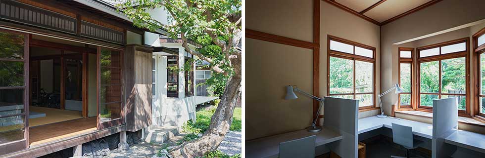 緑が広がる庭に面した北条SANCI。新型コロナ以降、近隣に住むローカルワーカーの利用が増えているという（写真／名児耶洋）