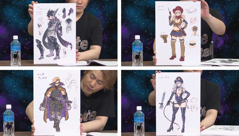 シキやレベッカ、ワイズなどのオリジナル衣装をイラストパネルで紹介する真島先生。なかでもお気に入りはワイズだそうだ