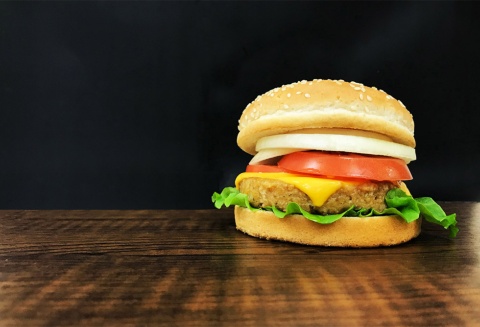 味の素が出資した植物肉スタートアップ、DAIZ（ダイズ、熊本市）の植物性パティを使ったハンバーガー。味の素との連携で、さらにおいしさを追求していく