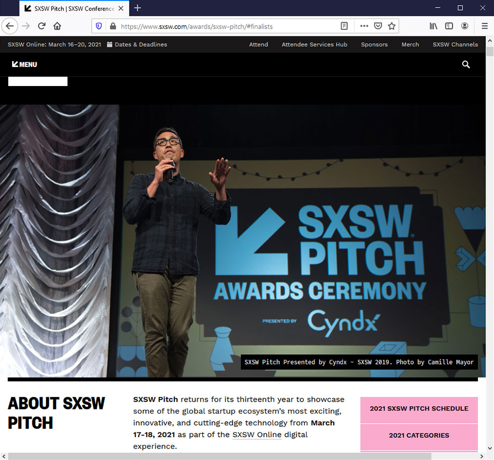「SXSW Pitch」には40のスタートアップがファイナリストとしてオンライン登壇した。写真は2019年の式の模様（出所／SXSW 2021）