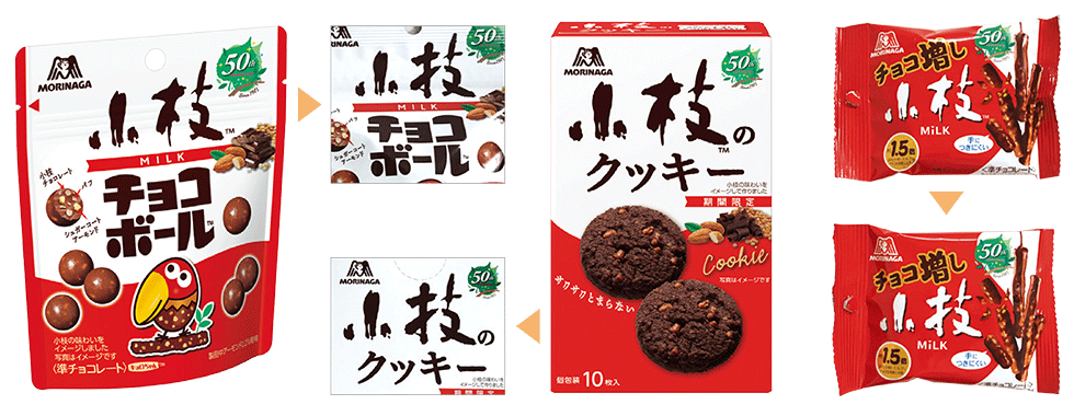 コラボ商品「小枝のチョコボール」「小枝のクッキー」と、チョコレートを増量した「チョコ増し小枝」。それぞれに「小技」バージョンがある