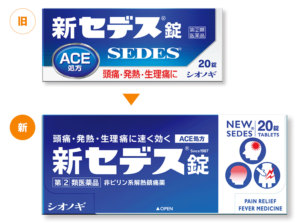 上から、解熱鎮痛薬「セデス」の旧パッケージ、新パッケージ。何に効く薬なのか、ピクトグラムや英語表記を加えている