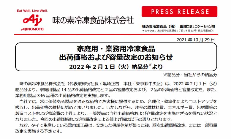 味の素冷凍食品、家庭用冷凍食品を約4～13％値上げ