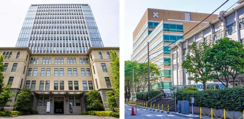早稲田大学の政治経済学部は2014年に新校舎（3号館）を竣工（左）。慶応義塾大学の医学部（右）も18年に新病院棟ができた