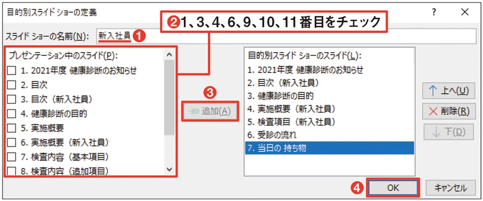 図28 「スライドショーの名前」欄に「新入社員」と入力（1）。左側で1、3、4、6、9、10、11番目のスライドをチェックして「追加」を押す（2）（3）。チェックしたスライドが右側に追加されたのを確認して「OK」を押す（4）