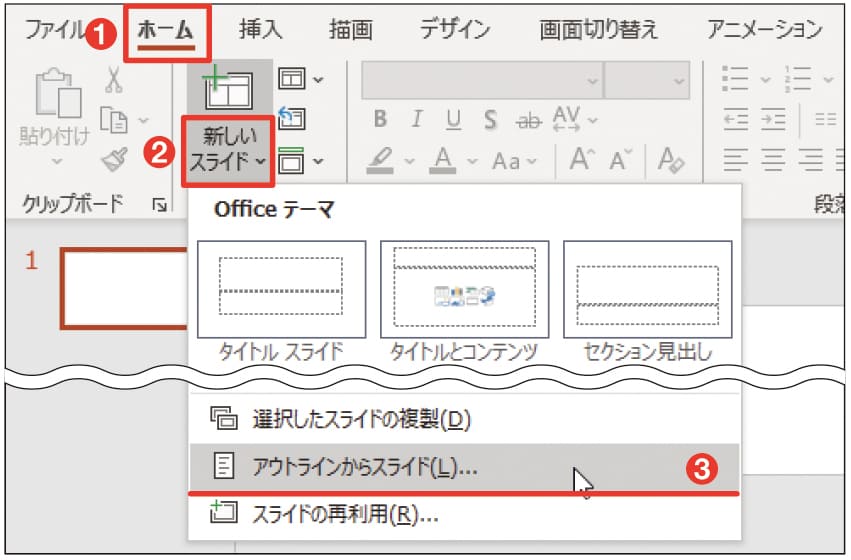 図16 「ホーム」タブにある「新しいスライド」の「▼」メニューから「アウトラインからスライド」を選ぶ（1）〜（3）