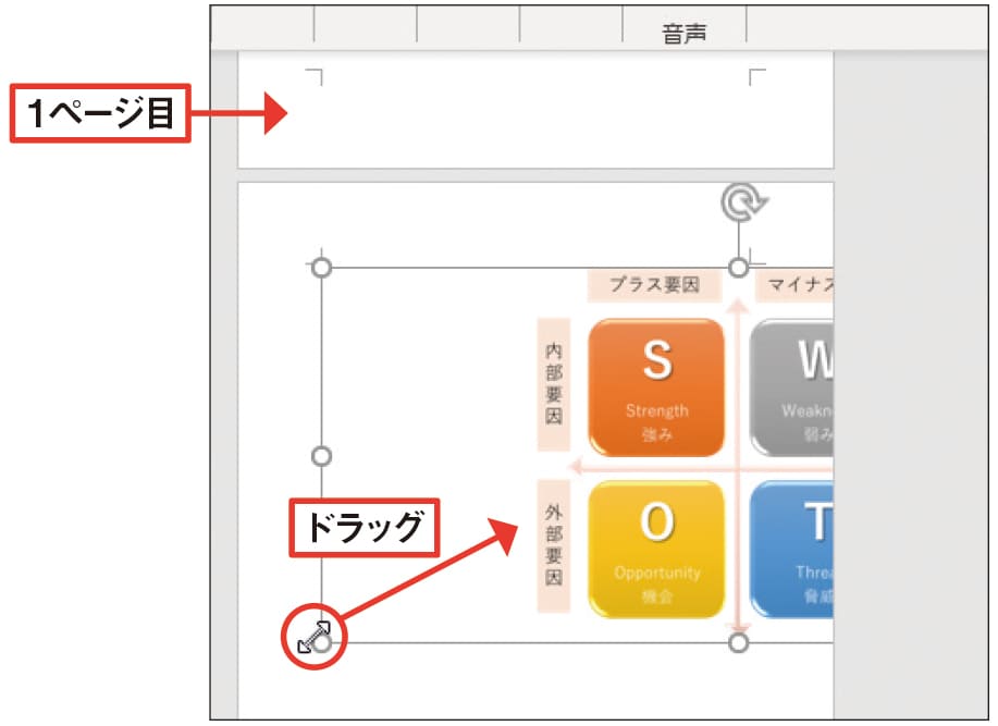 図36 このように2ページ目に送られてしまうので、左下のサイズ変更ハンドルを右上にドラッグして図を小さくする