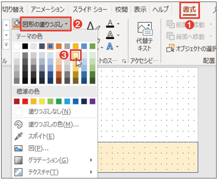 図10 「書式」タブにある「図形の塗りつぶし」の「▼」メニューから「ゴールド、アクセント4、白+基本色80％」を選ぶ（1）〜（3）。画面は当該色にマウスポインターを当てプレビューしたところ