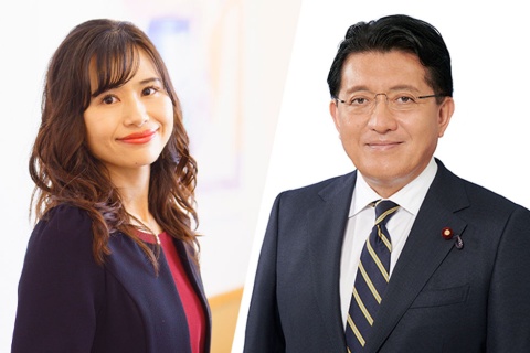 元デジタル相の平井卓也氏(右)とパロアルトインサイトCEO(最高経営責任者)でAIビジネスデザイナーの石角友愛氏(左)が対談した