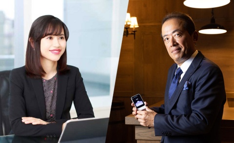 ポケトーク社長兼CEOの松田憲幸氏（右）とパロアルトインサイトCEOでAIビジネスデザイナーの石角友愛氏（左）が対談した