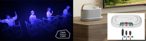 2019年のSXSWで展示した暗闇の中での体験型エンターテインメント「CAVE without a LIGHT」（左）と、制約のある方々と一緒に開発した「お手元テレビスピーカー」。カラーのラベルで端子とケーブルをひもづけることでセットアップを容易にしている