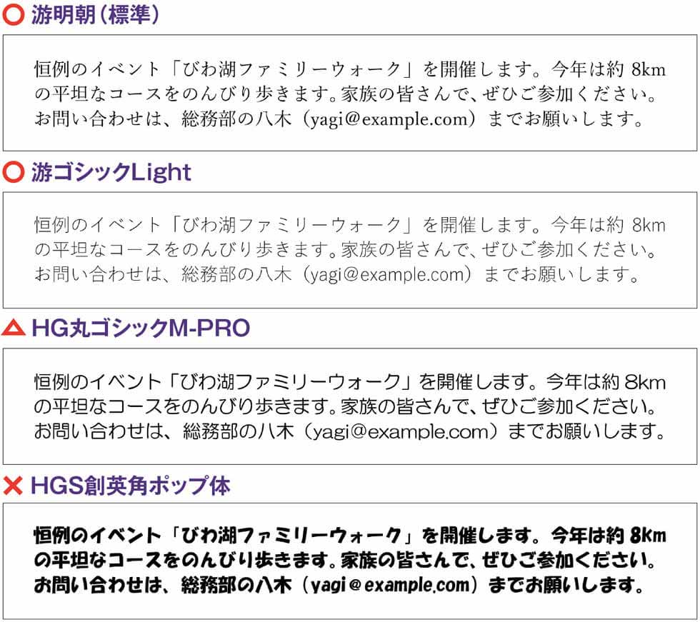 本文の基本は明朝体、線の細いゴシック体も読みやすい
