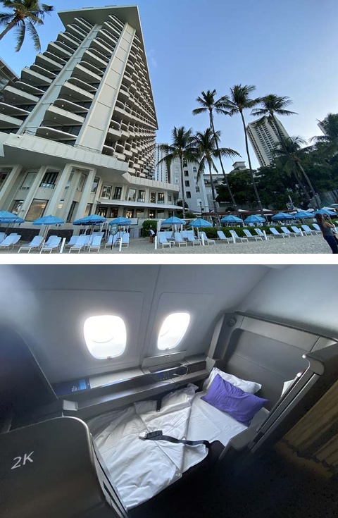 ピピノブさんがハワイ旅行をした際の写真。マリオット系ホテルに宿泊し（上）、フライトはファーストクラス（下）。「自腹だとなかなか難しい豪華な海外旅行を実現できるのが、マイルやポイントをためる醍醐味」と言う
