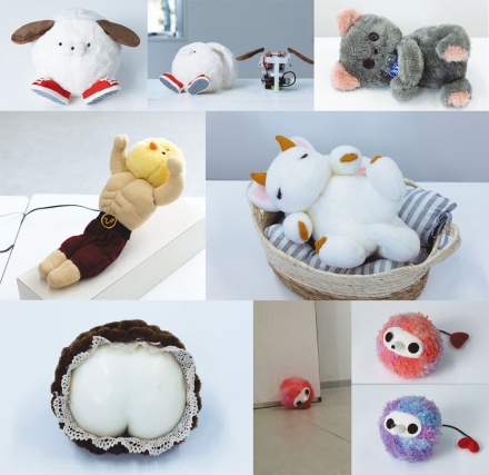 プロジェクトで製作したロボットの一部。ロボットには名前が付いている。カップ酒を抱える「だめなロボット」(上段右)や、コロナ禍で外出できなくても体がなまらないように一緒に腹筋を頑張るロボット(中段左)、勝手に転がる世話の焼けるロボットなどがある