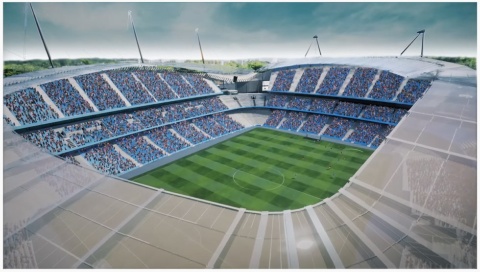 同プロジェクトのイメージ動画では、仮想空間にスタジアムが出現。さらに、3DCGの選手たちがプレーする姿も。画像はソニーがYouTubeに公開したイメージ動画よりキャプチャー