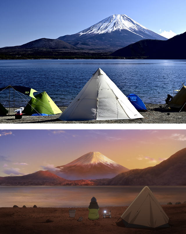 富士山周辺など、風景を再現した美しいキャンプ地の描写