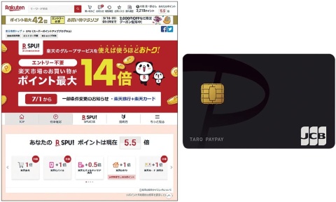 楽天市場(左)の特長は「スーパーポイントアッププログラム」(SPU)にある。「Yahoo!ショッピング」では、PayPayカード(右)で決済するのが基本だ
