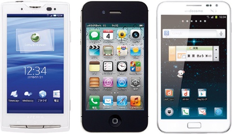 スマホ（スマートフォン）の普及によって、世界中のモノやサービスが影響を受けた。左はNTTドコモの「Xperia SO-01B」、中央はアップルの「iPhone 4」、右はNTTドコモの「GALAXY Note」