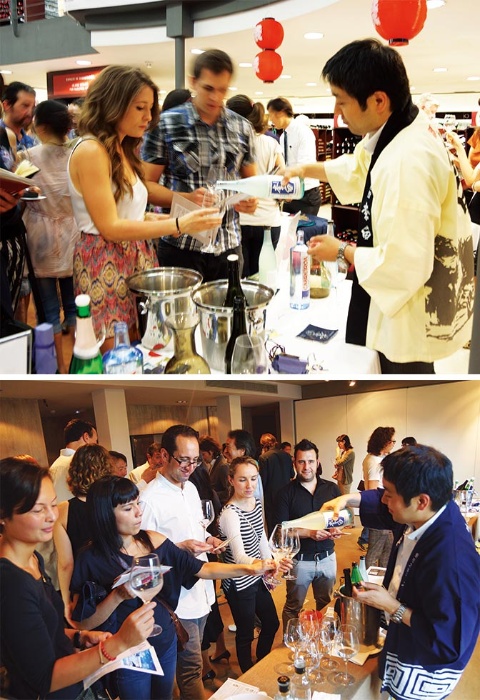 李白酒造は海外での普及活動を定期的に続けている。写真は2013年6月にスペインのマドリードとバルセロナで行った試飲会の様子。マドリードは小売店が開催した一般向け試飲会。バルセロナは輸入業者が開催した卸、小売店、レストランなど業界関係者向け試飲会。どちらも酒を注いでいるのが5代目蔵元の田中裕一郎氏。近年はコロナ禍のため開催できていないが、収束すれば再開するという