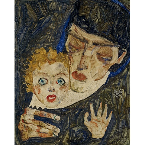エゴン・シーレ『母と子』 シーレが本作を筆でなく指を使って描いているのも興味深い。一部に指紋も残っているという。1912年/油彩、板/レオポルド美術館蔵 Leopold Museum, Vienna, Ouriel Morgensztern
